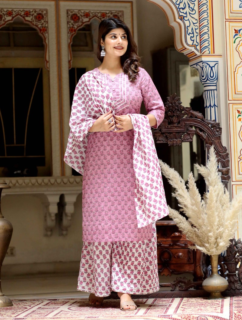 Miravan Women's Pink Cotton Kurta Set for Women - Image 1